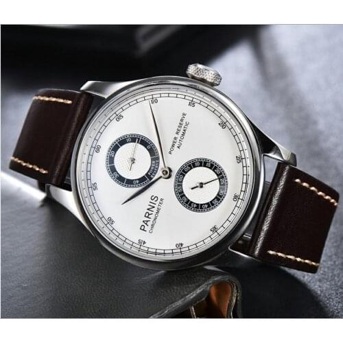 43 mm PARNIS 21 jewels Automatic Self-Wind movement mens watch power reserve Automatic date Casual watch wholesale GR108-20