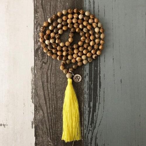 Facted Picture J-asper Knotted Long Necklace Gift For Him/Her Mala Yellow Tassel Necklaces 108 Prayer Beads Yoga Necklace Men