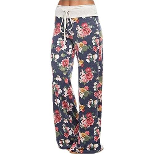 Women Elastic Floral Print Casual Loose Drawstring Harem Pants Wide Leg Trousers
