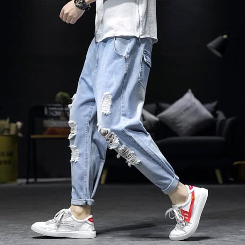 New Men Stretchy Ripped Skinny Biker Jeans Destroyed Hole Denim Scratched High Quality Jean Streetwear Casual Denim Trousers