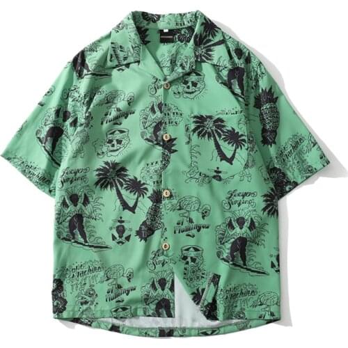 Skeleton Full Printed Hawaiian Mens Shirts 2021 Summer Casual Loose Blouses Short Sleeve Green White Beach Party Top Streetwear