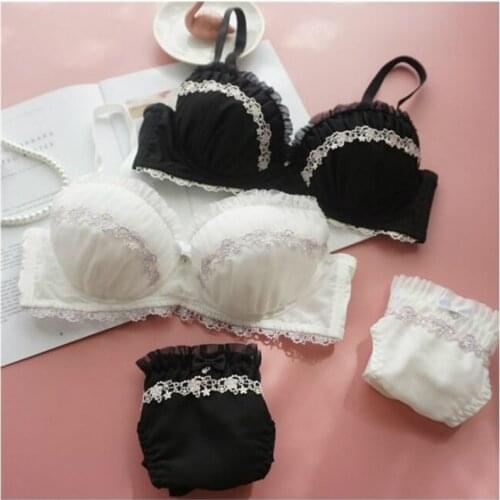 White Black Japanese Sexy Fox Gathered Bra and Panty Set Lace Underwear Women Push Up Lingerie Floral Bralette Bra Panties 2021