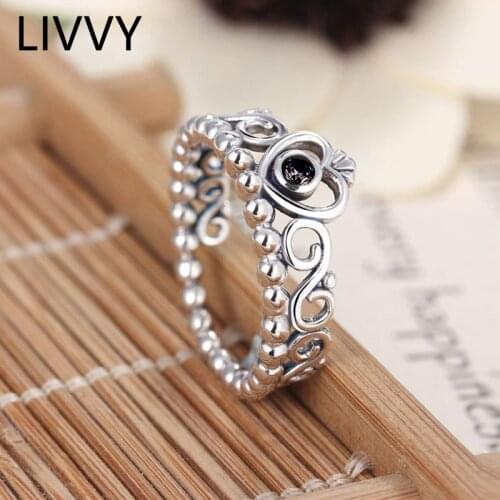 LIVVY Silver Color Fashion Creative Crown Heart-Shaped Rings for Women High-Quality Exquisite Elegant Jewlery