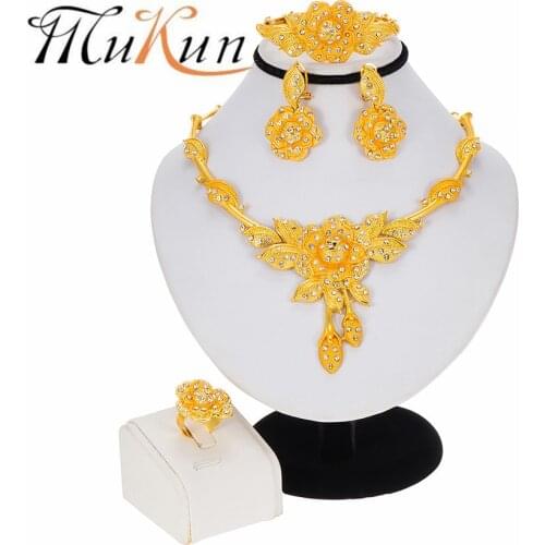 MUKUN 2020 NEW Nigerian Elegant Women Flower Necklace Bracelet Party Earrings Ring Crystal Jewelry Bridal Wedding Jewelry Sets