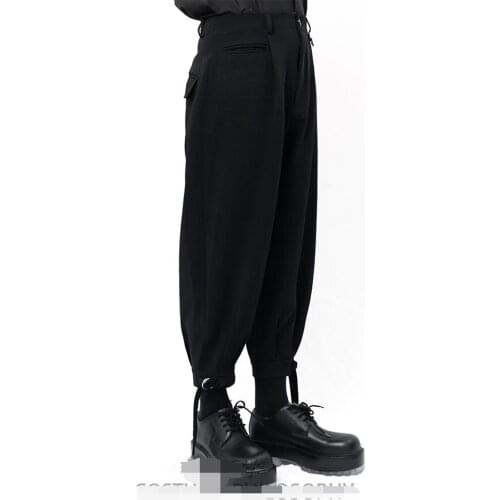 Mens Black New Casual Large Size Loose Haren Pants Dark pleated suspenders Pull Pull Pull Design Pants