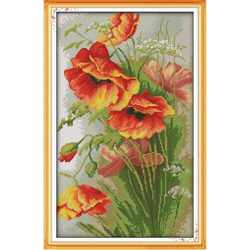 4CT 35 * 52cm Needlework DIY Cross Stitch Set Embroidery Kit Poppy Flowers Pattern Counted Cross-Stitching