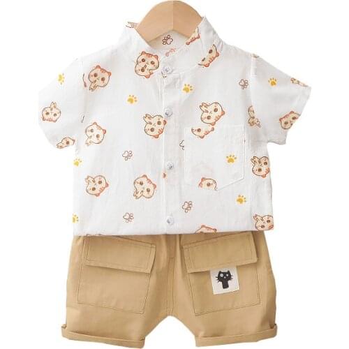 2021 New Summer Casual Newborn Baby Boys Clothes Set Kids Girls Cute Cat Printed Shirt+Tooling Shorts 2Pcs Suit Infant Clothing