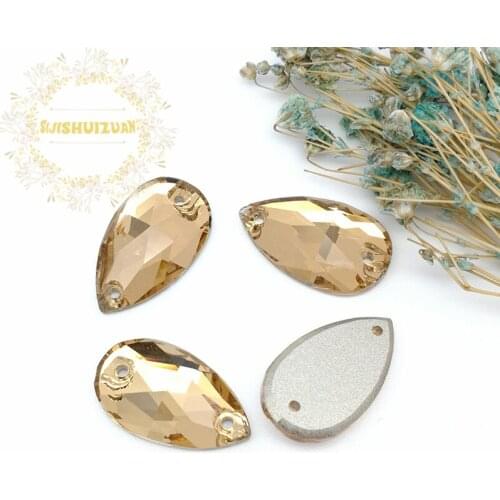 New product Light yellow T221 Water drop Crystal Glass Sew-on Rhinestones with two holes DIY wedding Dresses and Clothes