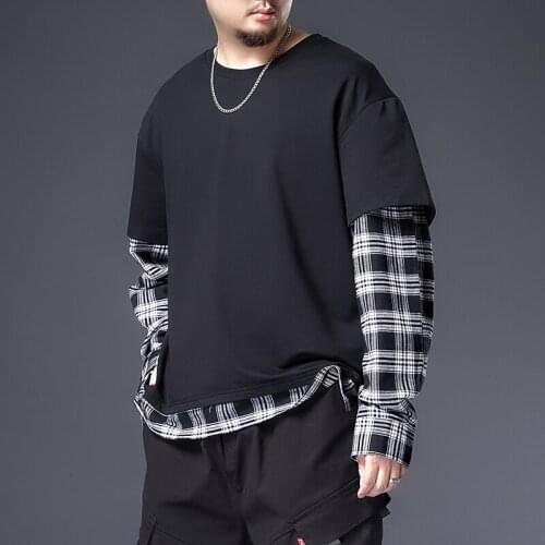 Plus 7XL-XL quality plus size 95cotton mens long-sleeved Fake two T-shirt hit color letter printing autumn loose O-neck casual
