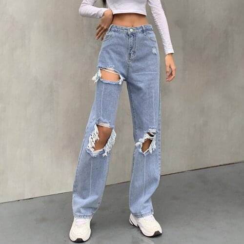 SEASONS Distressed Holes Ribbed Blue Jeans Women Harajuku Fashion Straight Long Trousers Streetwear Denim Pants Capris ASPA82432