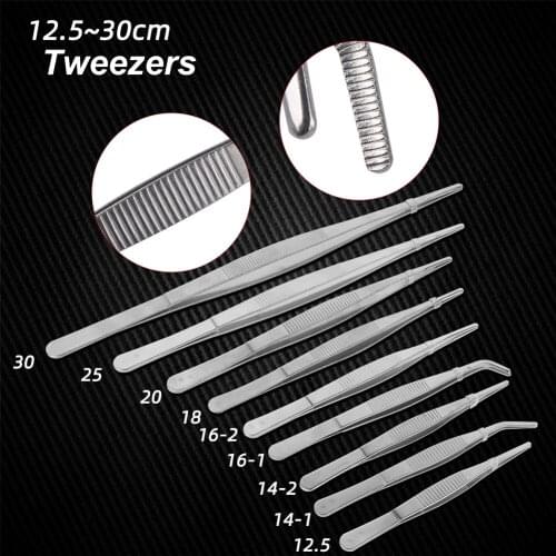 12.5~30cm Toothed Tweezers Barbecue Stainless Steel Long Food Tongs Straight Home Medical Tweezer Garden Kitchen BBQ Tool 9 Size