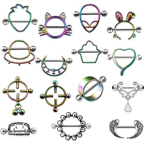 2PCS Stainless Steel Shield Nipple Piercing Bar Jewelry Nipple Ring Barbell Heart Moon Wing Alien Punk 14G Women Body Jewelry