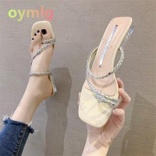 Rhinestone flip-flops womens thick heel 2021 spring shoes female net red girls crystal heel low-heel slippers women wear summer