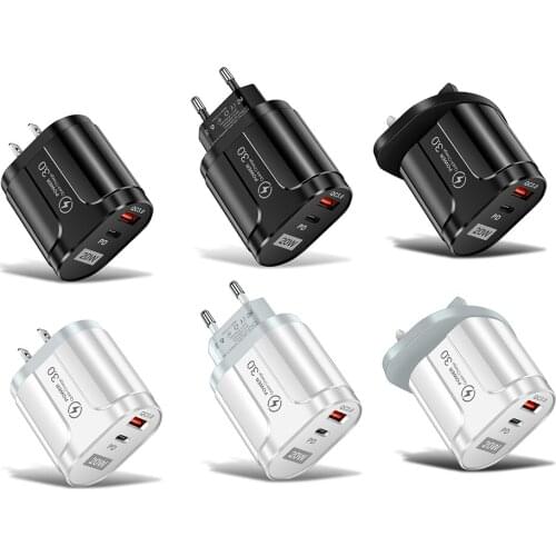 2 Port USB Charger Adapter PD 20W for Mobile Phone Dual USB Type-C Charging Head Wall Charge Adapter US/EU/UK Plug