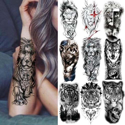 Wolf Forest Temporary Tattoo For Women Men Adult Kid Lion Cross Black Tiger Tribal Tattoos Sticker Fake Skull Flower Tatoos Arm