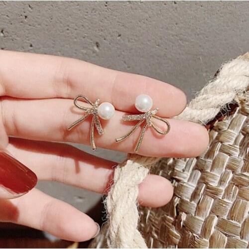Gold Color Cute Sweet Pearl Crystal Rhinestones Bow Fashion Stud Earrings for Women Party Jewelry Accessories Teen Gift