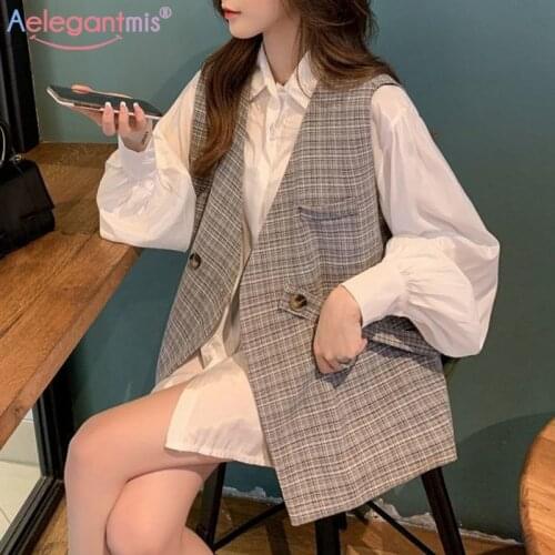 Aelegantmis Korean Casual Plus Size Sashes Plaid Blazer Vest Women Chic Vintage Loose Vest with Belt Female V Neck Waistcoat New