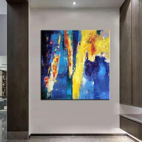 100% Hand Painted Handmade Hand Made Oil Painting Simple Blue Yellow Abstract Canvas Wall Art For Living Frameless Room Artwork
