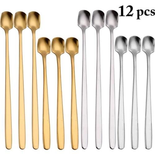 12 Pcs/Set Square Head Coffee Scoops Teaspoon Stainless Steel Milk Coffee Mixing Spoon Long Handle Coffee Stirring Spoons Tools