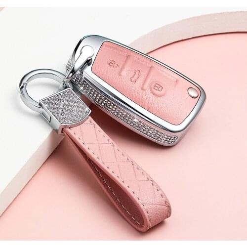 Diamond Galvanized Alloy Car Key Case For Audi A3 A4 A6 A8 TT Q7 3 Buttons Flip Remote Fob Protector Cover Keychain Car Styling