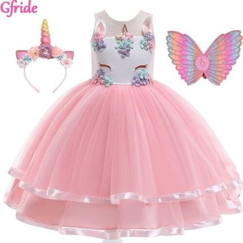 2020 Girls Princess Unicorn Pony Costume For Kids Flowers Tutu Dress With Headbad Wings Fancy Birthday Theme Party Clothing 2-10