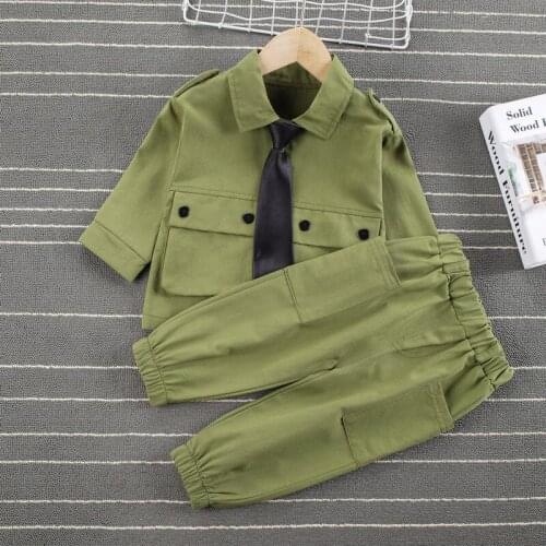 Autumn Spring Baby Boy Fashion With Tie Clothing Set Kid Suits Solid Shirt Pants 2pcs/Set Children Work Clothes 1 2 3 4 5 Years