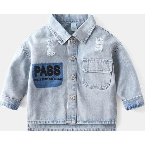 Kids Clothing Spring Autumn Boys Denim Jackets 2021 Childrens Lapel Letter Fashion Outerwear Baby Boys Broken Hole Denim Coats