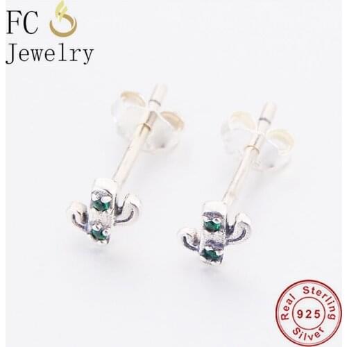 FC Jewelry 100% 925 Silver Plant Cactus Mix Cubic Zirconia Buckle Stud Earring Ear Geometric Oorbellen Accessories For Women NEW