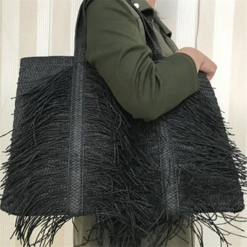 Tassel Straw Bag Luxury Woven Tote Bags for Women Large Capacity Handmade Woven Shoulder Bag 2021 Summer Khaki Color Beach Bag