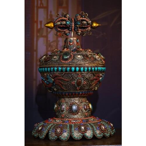 17"Tibetan Temple Collection Old Tibetan silver outline in gold mosaic gem Dzi Bead Vajra Treasure jar set Dharma Ornaments