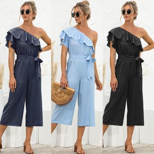 Sexy Ruffle Stitching Wide Leg Jumpsuits Woman Clothing Summer Combinaison Femme Slanted Shoulder Striped Print Women Rompers