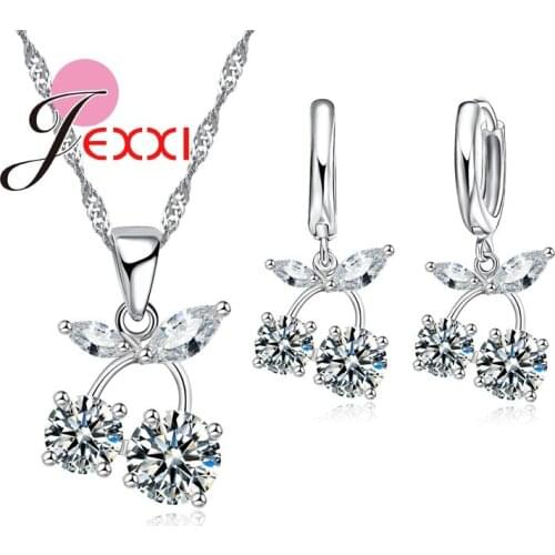 Cute Lovely Wedding Jewelry Set For Lady Women Shining Crystal Ball High Quality Silver Necklace Earrings Collares Mujer