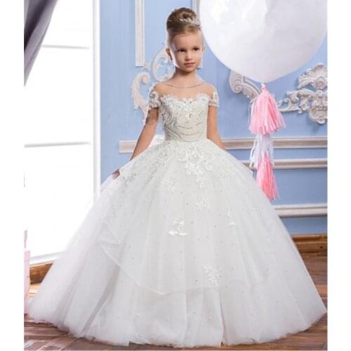 Hot Grace Flower Girl Dresses Blue Pink Champagne Luxury Sleeveless Expansion Ruffles Flowers Little Girls Pageant Tulle Gowns