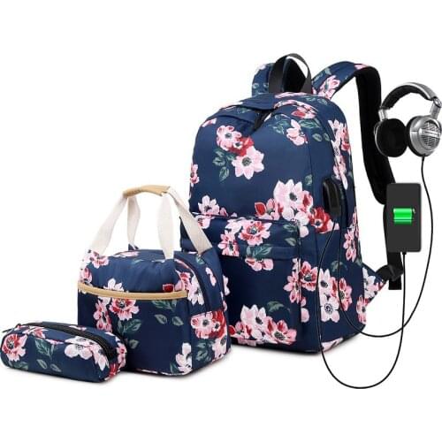 3 Pcs/set Fashion Childrens School Bag USB Charging Interface Girls Backpack Large-capacity Lightweight Printing Kids Backpack