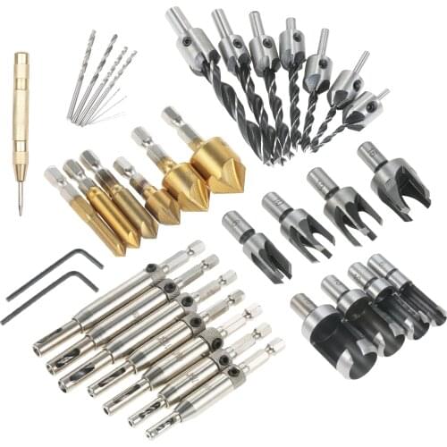 39Pcs Woodworking Chamfer Drilling Tools Set Including 8Pcs Wood Plug Cutter + 6Pcs 1/4 Inch Hex 5 Flute 90 Degree Countersink