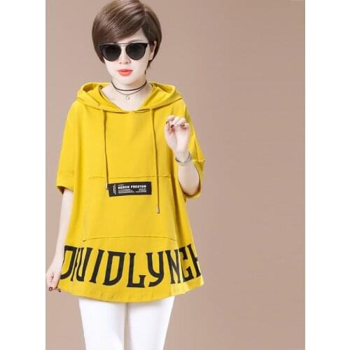 2021 Summer New Women Short-sleeved Hoodies Cotton Plus Size Hooded T-shirt Printed Loose T-shirt Thin Sweatshirts Women Fashion