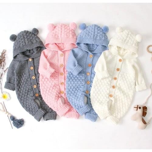 Autumn Winter Newborn Baby Boys Girls Bear Ear Knit Romper Hooded Sweater Jumpsuit Outfit