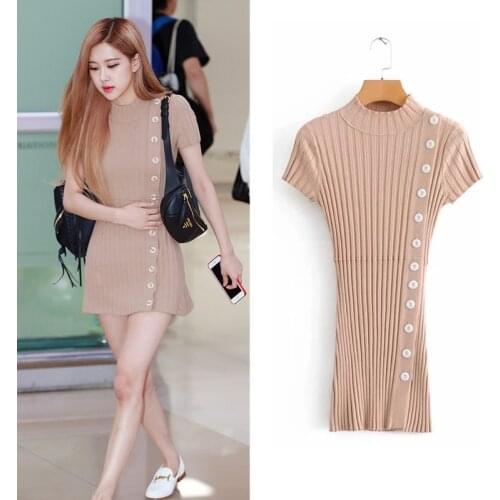 Kpop ROSE same summer streetwear side buckle tight knitting bag hip dress women korean sexy short-sleeve girls dresses