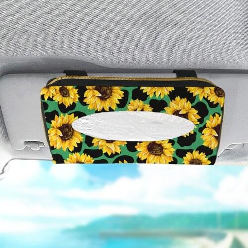 Sunflower Printed Leather Car Tissue Box Holder Sun Visor Armrest Seat Back Sunroof Hanging Napkin Paper Box Storage Decoration