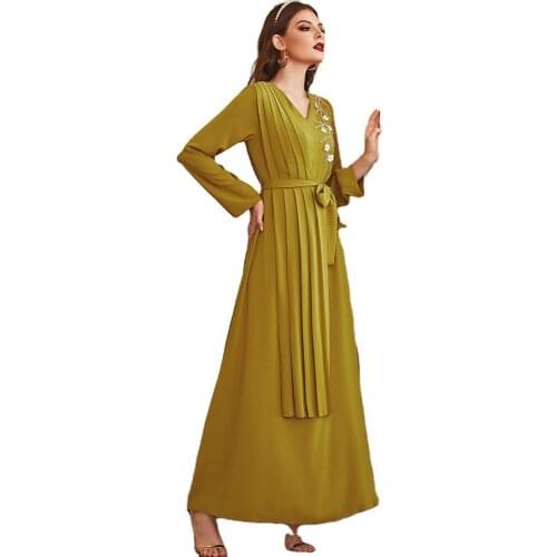 S-2XL Muslim Big Swing Long Dress Dress Handmade Drill Loose Long Sleeve Dress East Ethnic Style Robe 2021 Spring Autumn New