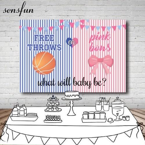 Sensfun He Or She Gender Reveal Party Photography Background Bunting Blue Basketball Pink Bow Baby Shower Backdrop Custom Banner