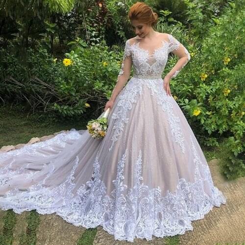 Unique Lace Wedding Dresses Sheer Long Sleeve Shiny Tulle Country Wedding Gowns with Color vestido de festa de casamento