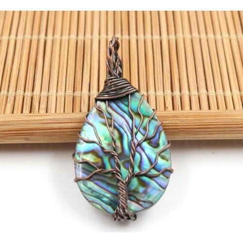 YJXP Reiki Handmade Wire Winding Natural Abalone Shell Water Droplets Round Ellipse Pendant Fashion Charms Jewelry
