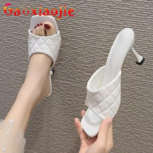 New Square Toe Quilted Heels Shoes White PU Check Plaid Vamp Lady Concise Office Slippers Summer 6.5CM Outdoor Walking Sandals