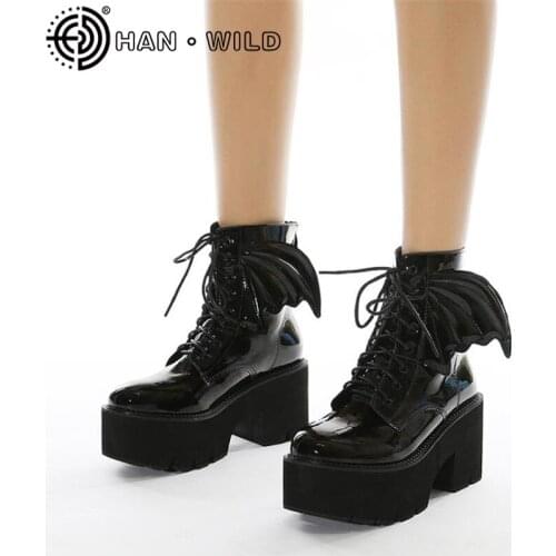 Women Platform Ankle Boots Fashion Angel Wing Punk Boots Lady Chunky Shoes Female Patent Leather Motorcycle Boots Gothic Shoes