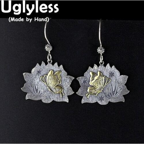 Uglyless Handmade Lotus Butterfly Earrings for Women Exotic Thai Silver Brincos Retro 925 Silver Flower Earrings Insects Jewelry