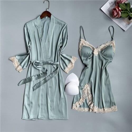 4PC Sleep Suit Women Kimono Robe Gown Sets Spring New Faux Silk Home Dress Sexy V-Neck Front Split Nightgown Lace Trim Sleepwear
