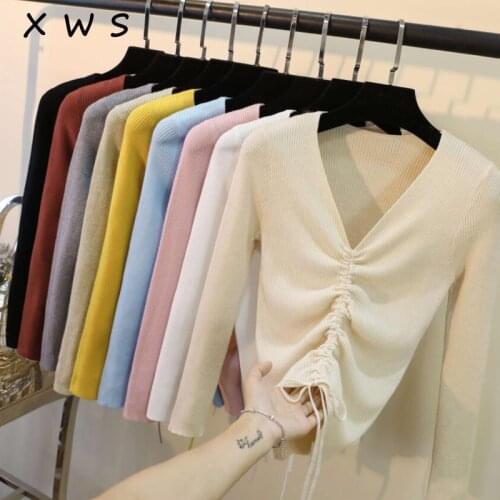 Black white Autumn Winter Sweater Women solid Knitted Sweater Pullovers long sleeve tops Wave sexy V-neck Basic office 2020