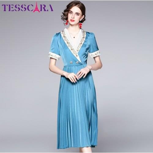 TESSCARA Women Summer Elegant Embroidery Dress Festa High Quality Blue Office Party Robe Femme Runway Designer Pleated Vestidos