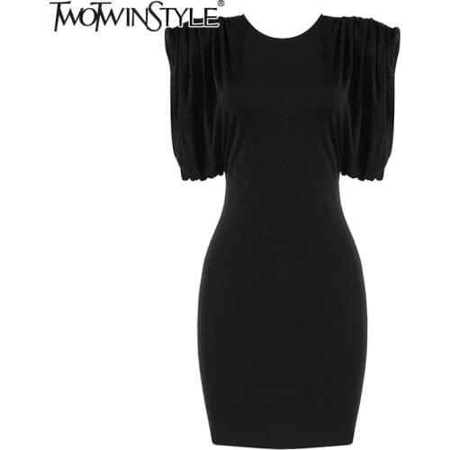 TWOTWINSTYLE Black Sexy Mini Dress For Women O Neck Sleeveless High Waist Slim Casual Dresses Female Fashion New Clothes Summer